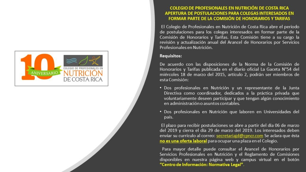 Aranceles 2019 Colegio Nutricionistas